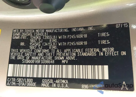 2015 Toyota Highlander Xle V6 from USA, damaged, VIN 5TDKKRFH9FS098648